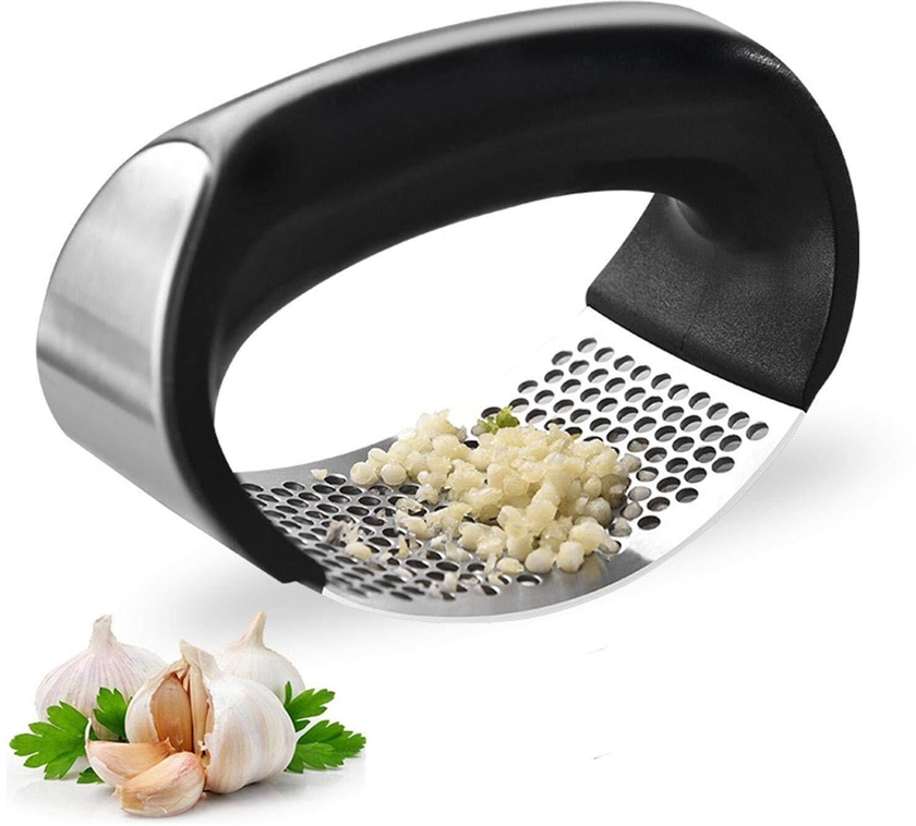 JEVAL Garlic Press Stainless Steel Crusher and Rocker Plastic Portable Ginger Mincer Squeezer Chopper with Handle Manual Garlic Presser Curved Grinding Slicer Cooking Gadgets Tool for Kitchen (1)