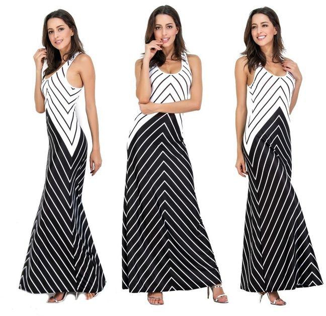 Generic Hot Sexy Women Dress O-neck Striped Print Maxi Dress Vestido Casual Long Dress Sleeveless Beach Summer Dress Sundress -black