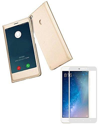 Flip Window View Cover For Xiaomi Mi Max 2 - Gold and 3d Glass Screen Protector - White