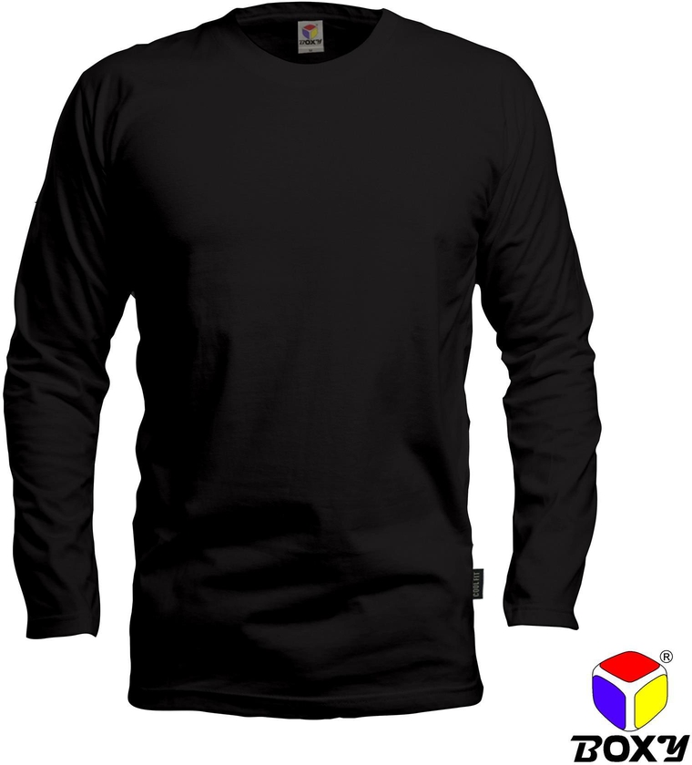 Boxy Microfiber Round Neck Long Sleeves Plain T-shirt - 7 Sizes (Black)