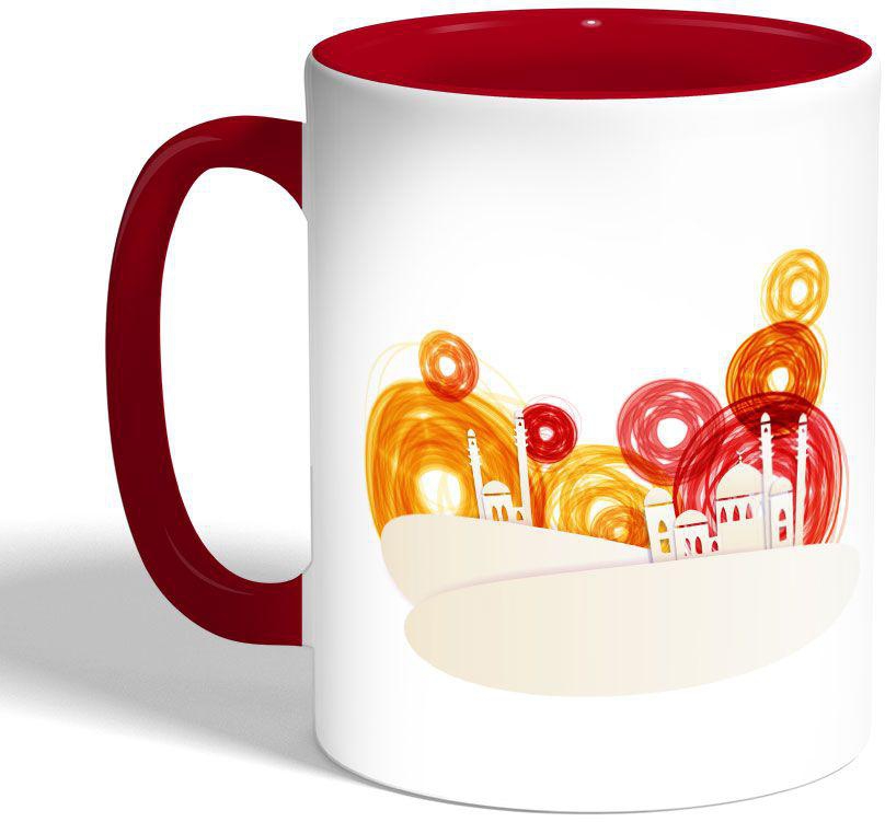 كوب سيراميك للقهوة بتصميم فن تجريدي - مسجد، لون احمر
