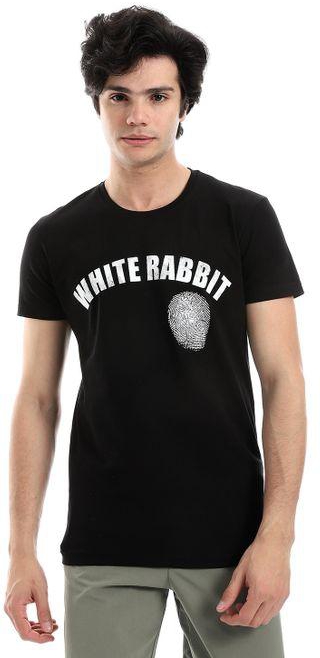 White Rabbit Finger Print Printed Pattern Short Sleeves T-Shirt - Black