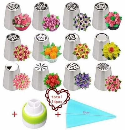 Russian Piping Tips Set 14 Pieces All in One Cake Decorating Supplies Kit 12 Icing Tips Couplers and Bags Professional Baking Supplies Frosting Tools Set for Cupcakes Cake Mould Cake Cup (14pcs)