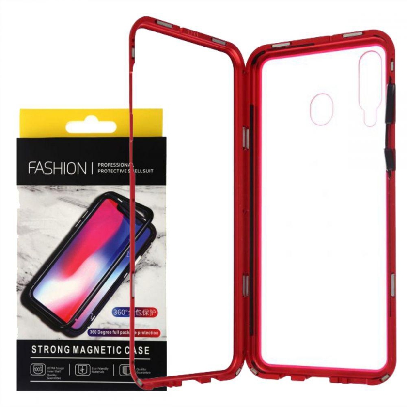 For Samsung Galaxy M30 Magnetic Full Cover 2 Pieces Metal Frame, Tempered Glass Back Case - Red Frame