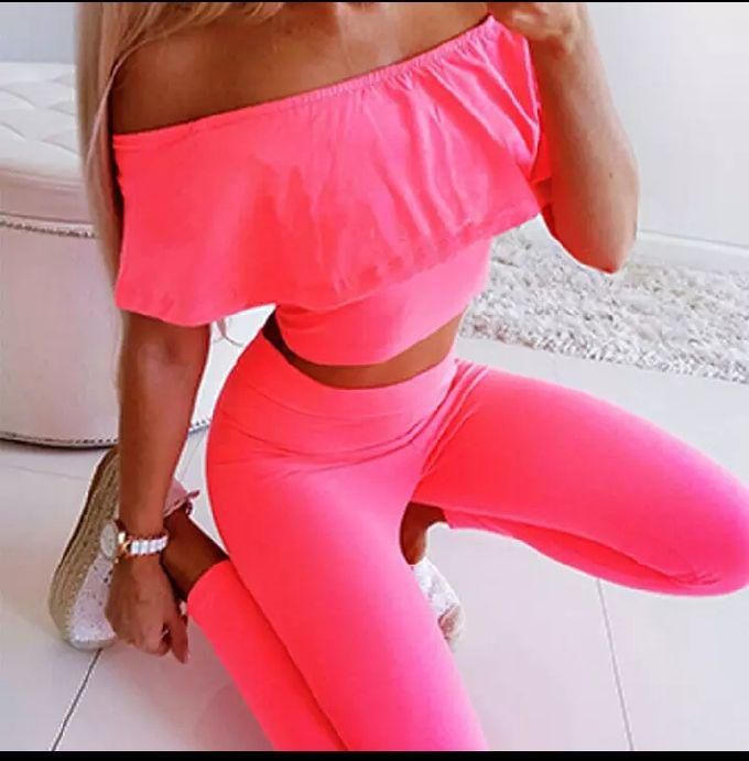 Pink 2piece Off Shoulder Frill Short Crop Top Party Outfit