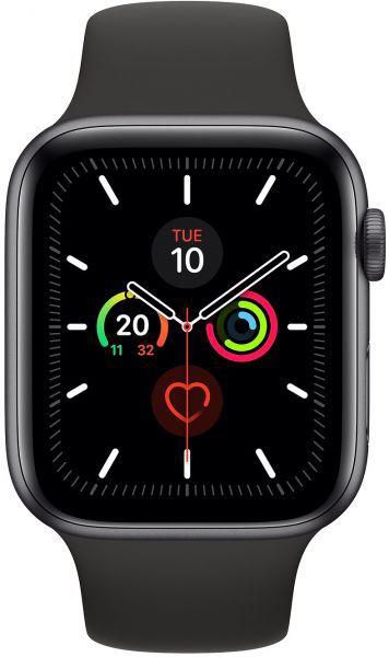 Apple Watch Series 5 - 44mm Space Grey Aluminium Case with Black Sport Band - S/M & M/L, GPS, watchOS 6, MWVF2LL/A