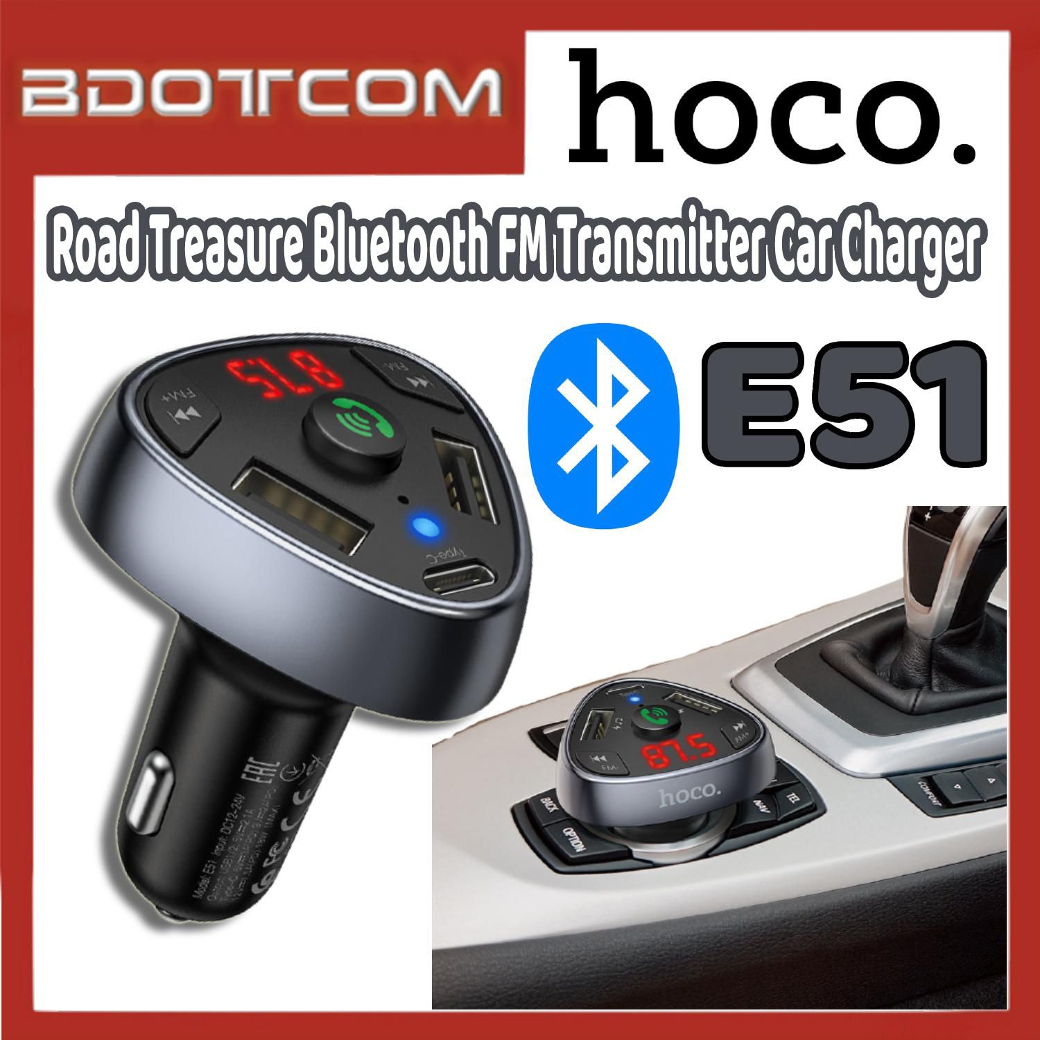 Hoco E51 Road Treasure Dual USB Ports Bluetooth FM Transmitter Car Charger