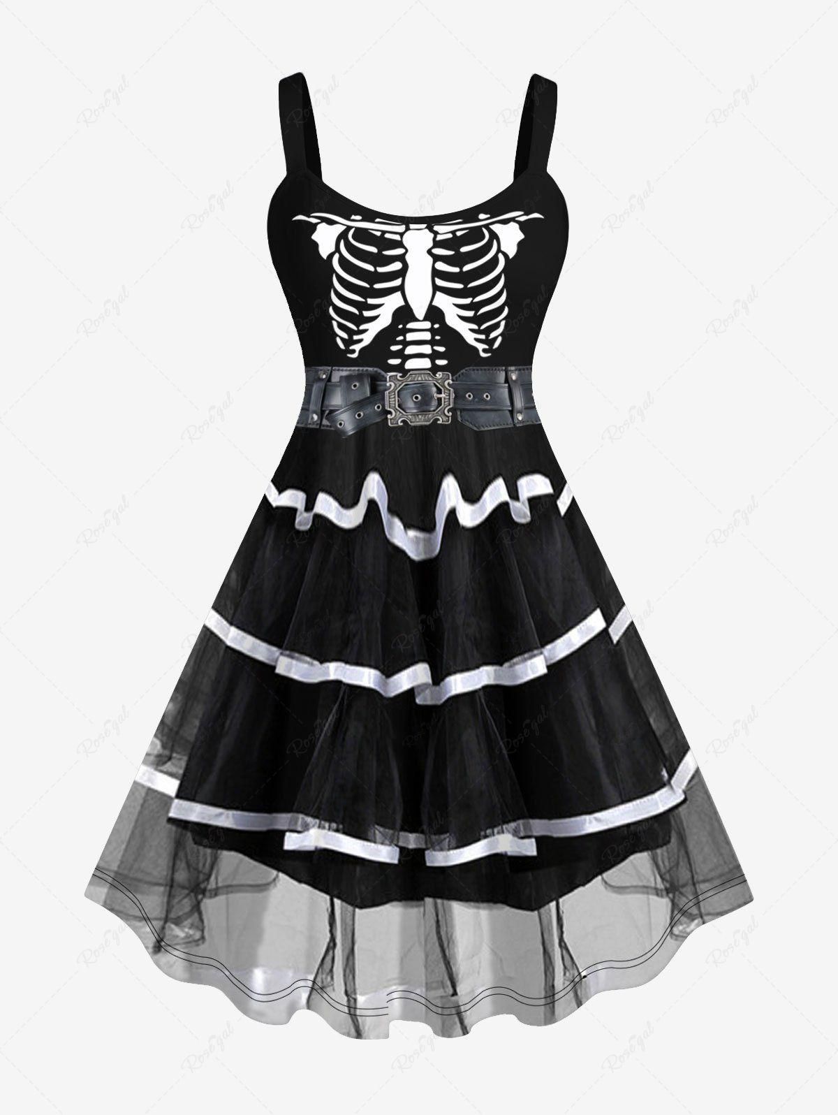 Plus Size Halloween Skeleton Stripe Mesh Layered Belt 3D Print Tank Dress - 6x