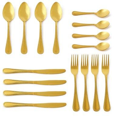 16 Piece Cutlery Set - Made Of Stainless Steel - Silverware Flatware - Spoons And Forks Set, Spoon Set - Table Spoons, Tea Spoons, Forks, Knives - Serves 4 - Design Gold Mallow