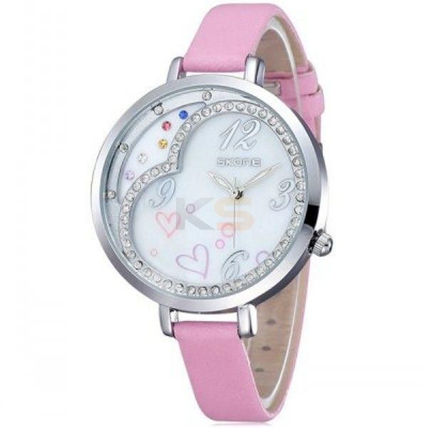 SKONE Female Heart Style Japan Quartz Watch Diamond Round Dial Leather Watchband