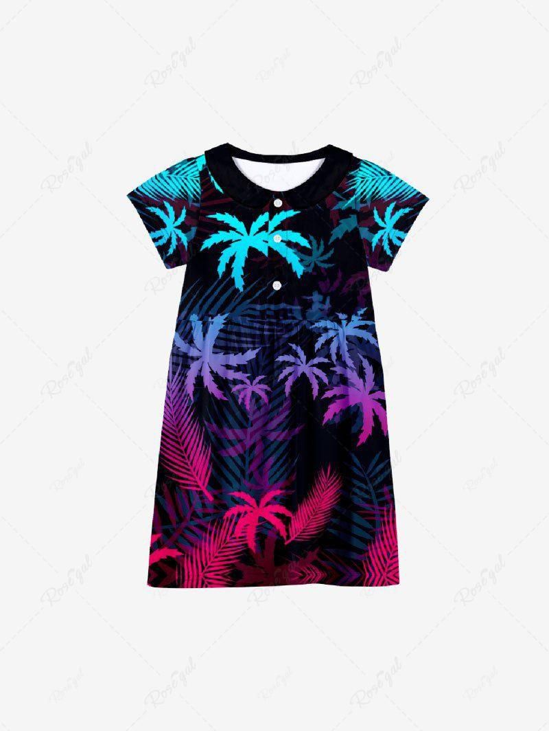 Kid's Ombre Coconut Tree Palm Leaf Print Buttons Peter Pan Collar Hawaii Dress - 150