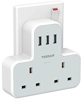 Multi Plug Extension Socket Adapter with 3 USB, TESSAN Double Power Extender 2 Way Wall Electrical Multiple UK Outlet Adaptor for Home, Office (Gray)