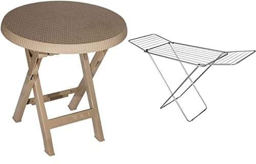 Plastic folding table for home and picnic + Beige chair for hotels and gardens and fit for pedestrians and relax with armrest and strong chair back made of plastic and designed