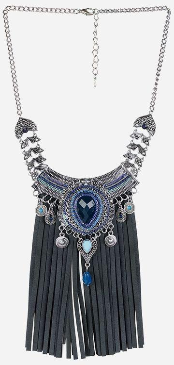 Variety Leather-Metal Mix Fringed Necklace- Blue
