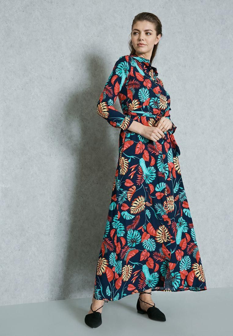 Floral Print Belted Shirt Maxi Dress