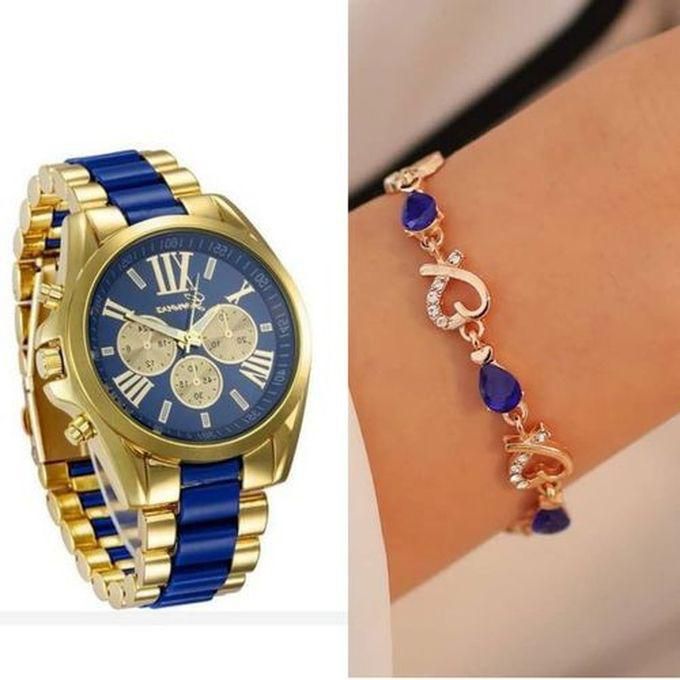 Geneva 2 In 1 Studded Women Wrist Watch With Bracelet-Gold/Blue