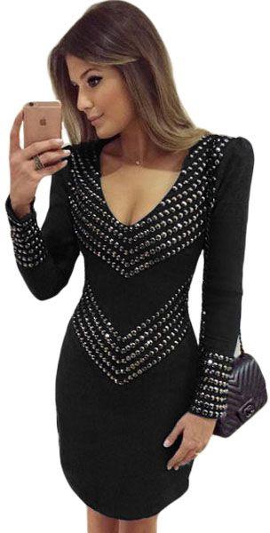 Black Studded Long Sleeve Mini Dress