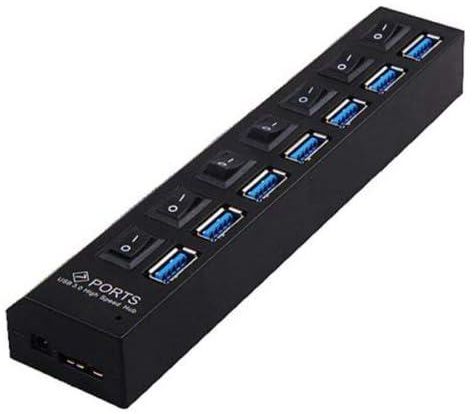 7 Ports 5GBPS USB 3.0 Hub with On/Off Switch EU AC Power Adapter for PC Laptop Desktop MAC Black