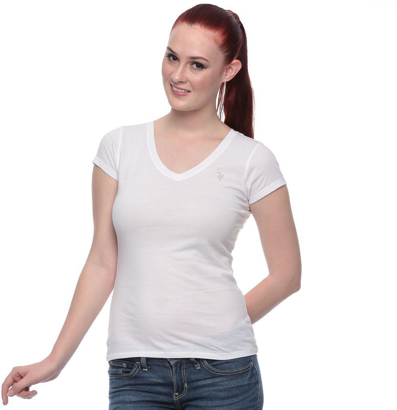 U.S. Polo Assn. White Cotton V Neck T-Shirt For Women