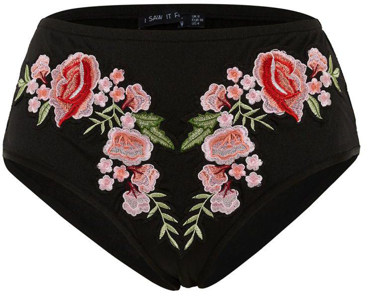 Floral Embroidered High Waist Bikini Bottoms Black/Green/Pink