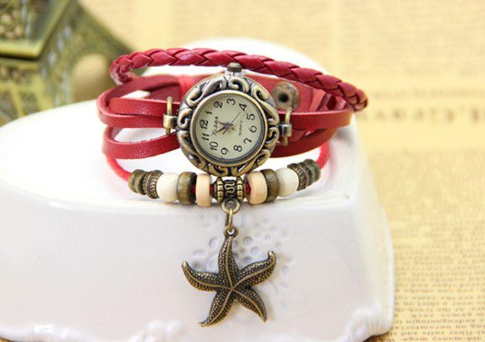 Vintage Style Quartz Red Leather Strap With Starfish Pedant Watch For Women