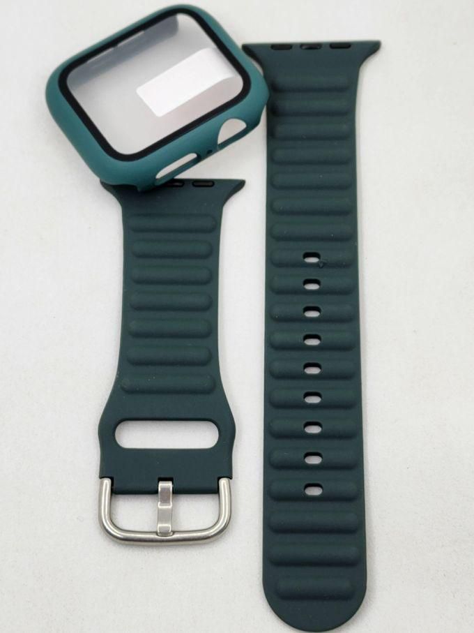 Silicon Strap Replacement For Apple Watch & Cover For Screen And Edges - 44mm - Oil Green