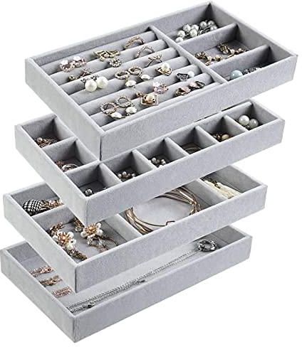 AMERTEER Jewelry Trays Organizer, Closet Drawer Accessories Tray Set of 4 Drawer Organizer for Earring, Ring, Gadgets & Cosmetics, Display Organizer Necklace Storage Showcase Bracelet Removable Tray
