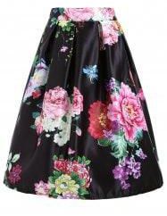 Floral Print High Waisted Midi Skirt - Black - One Size