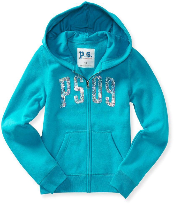 AeroPostal kids' ps09 sequin zip-front hoodie Size 8 Color NEON TURQUOISE