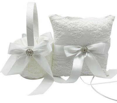 2-Piece Flower Basket With Ring Bearer Pillow White