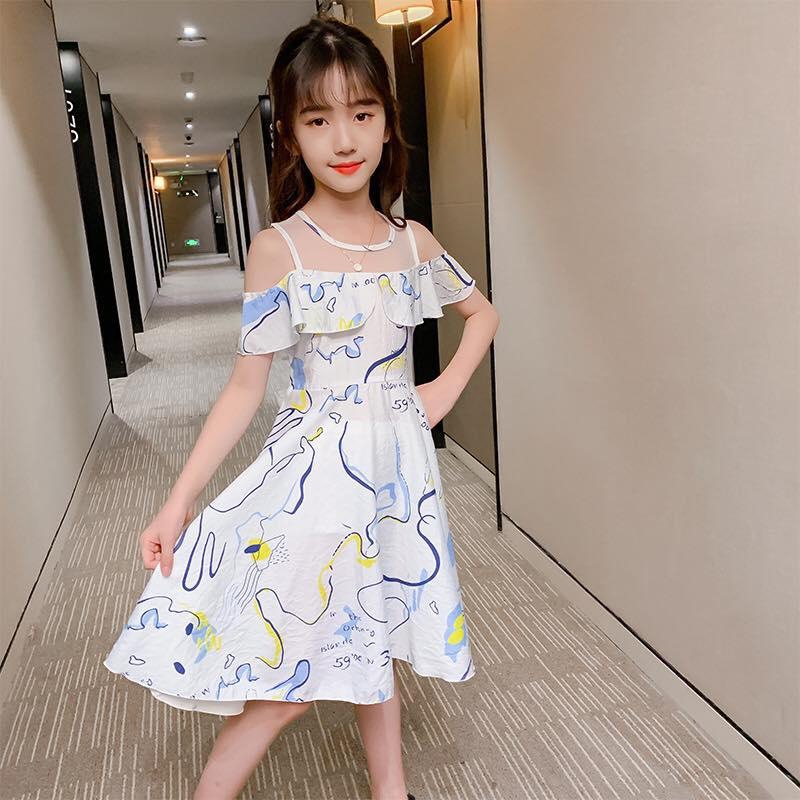 Koolkidzstore Girls Dress Off Shoulder Korean Style Dress - 6 Sizes (Blue - Pink)