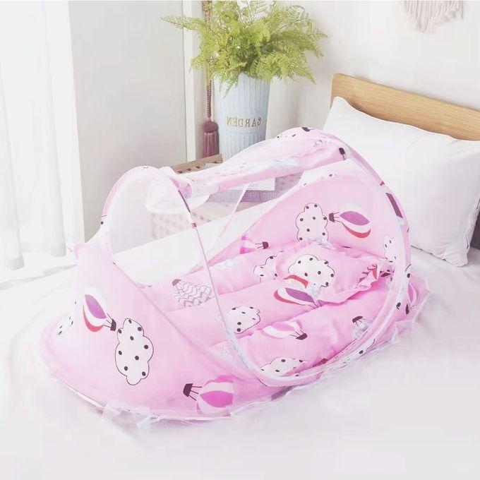 Baby Mosquito Net Crib Bed With Pillow - Pink Print