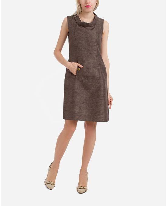 Giro Linen/Wool 1 Pocket Portrait Collar Shift Dress - Brown