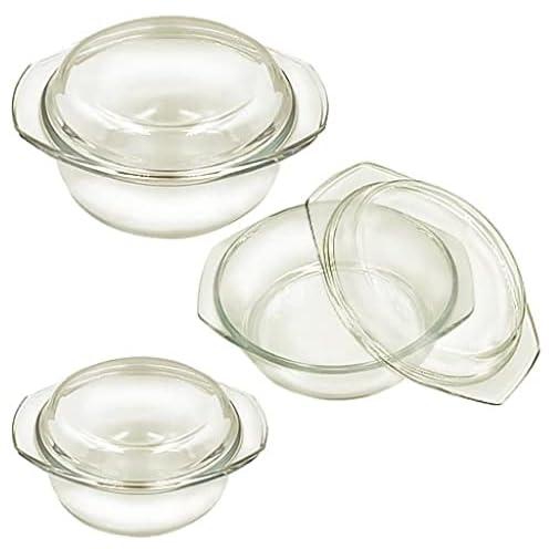 Pyrex circular Clear Glass set with handel and cover, Baking Dishes 3pes by three size1.5 L,1 L,0.65 L pyrex set High Resistance Easy Grip, pyrex bowl,fridge storage dishes, pyrex cookware, oven dish