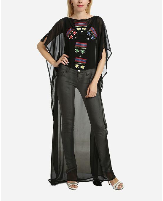 Trendy Sawdaa Embroidered Sheer Long Top - Black