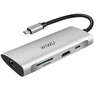 WIWU Alpha USB-C 8in1 Hub 1HDMI+1LAN+3USB+1Type-C+1SD+1microSD – Gray