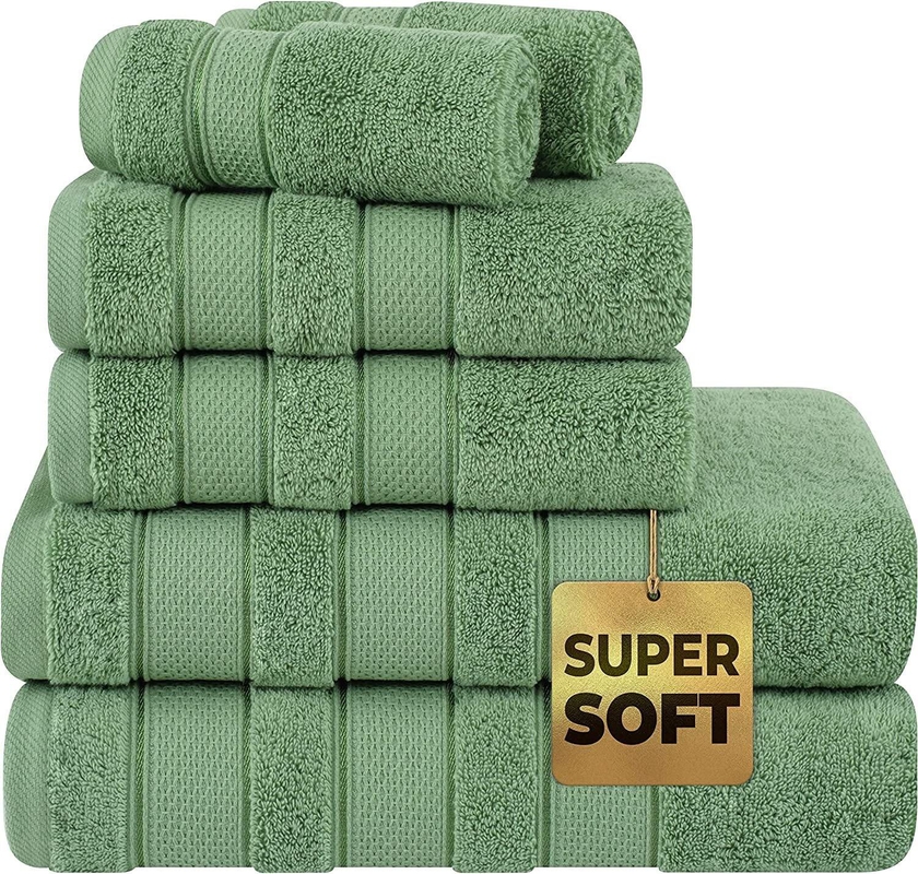 Safi Plus Luxury Hotel Quality 100% Turkish Genuine Cotton Towel Set, 2 Bath Towels 2 Hand Towels 2 Washcloths Super Soft Absorbent Towels for Bathroom &amp;amp; Kitchen Shower - Sage Green