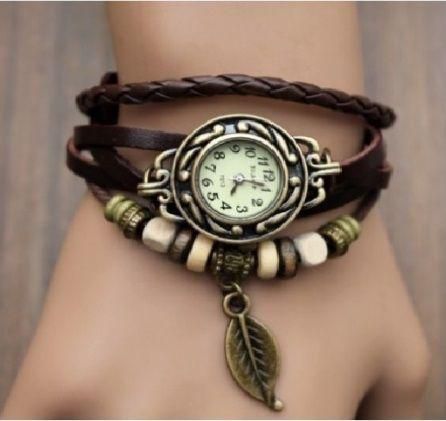 Women's Watches Genuine Leather Knit Vintage Watch with leaf pendant(brown)