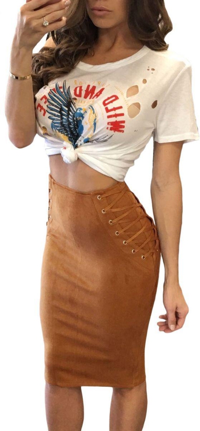 Brown Mixed Materials Body Con Skirt For Women