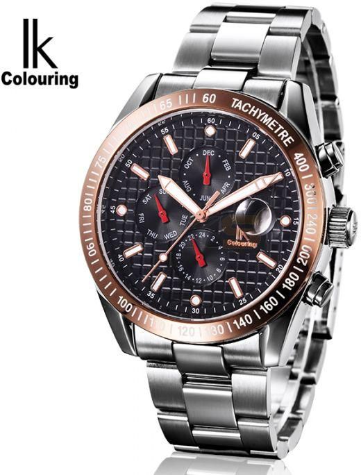 IK Colouring 98350G Automatic Mechanical Multifuncitonal Luminlous Stainless Steel Band Watch for Men with Calendar/Month Display