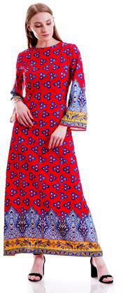 Long Bell Sleeve Round Neckline Ethnic Maxi Dress - Size: L