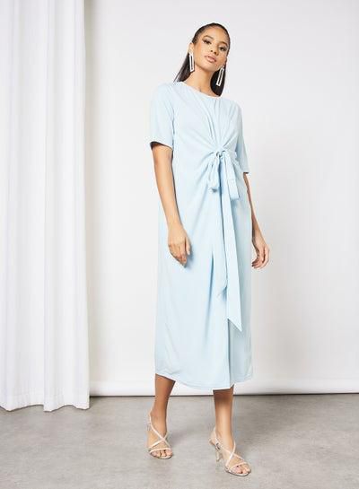 Casual Short Sleeve Long Evening Maxi Knit Dress With Front Tie Bow 103 Lite Aqua