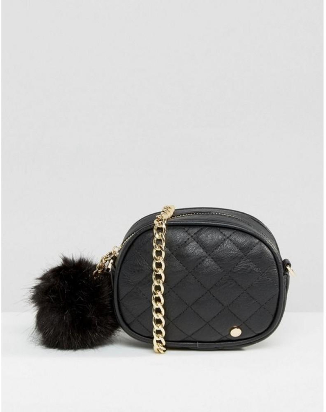 Dune Micro Quilted Cross Body Bag with Pom Black