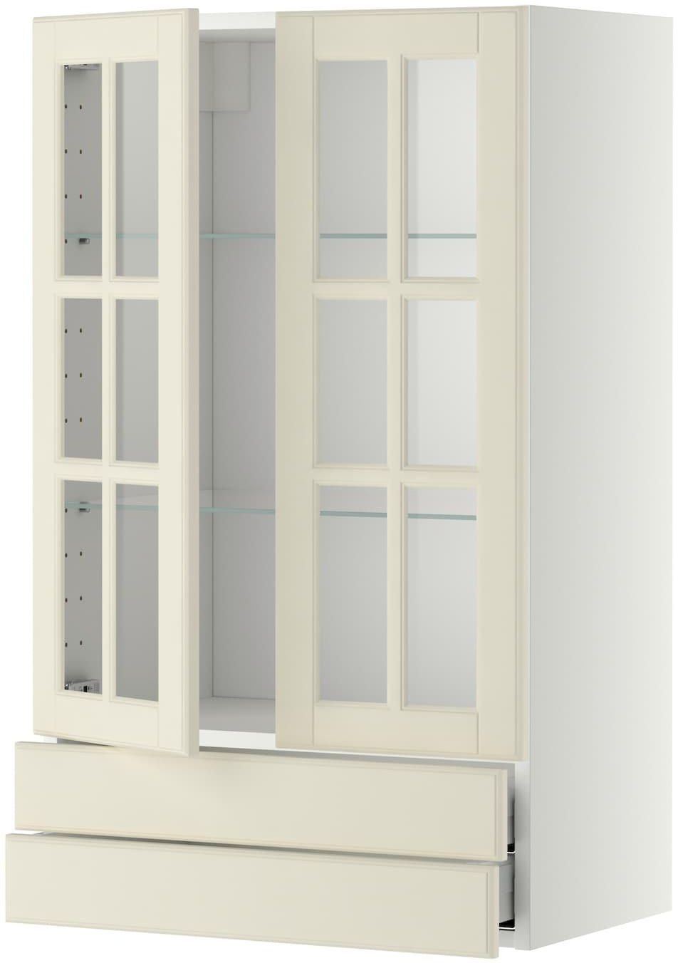 METOD / MAXIMERA Wall cab w 2 glass doors/2 drawers - white/Bodbyn off-white 60x100 cm