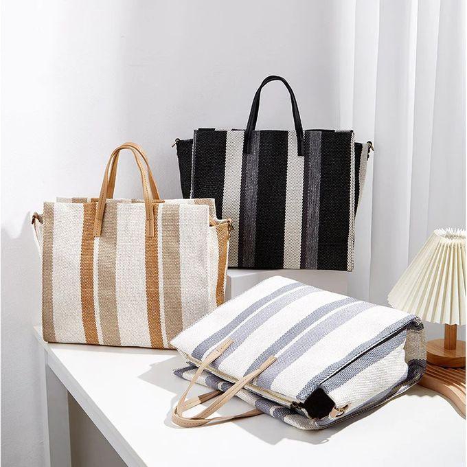 Fashion Versatile Large Capacity Striped Contrast Color Canvas Bag Casual Tote Bag