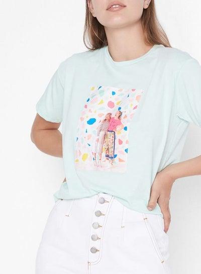 Image Applique Detailed T-Shirt Mint/White/Pink