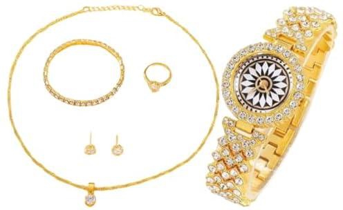 6PCS Set Luxury Watch Women Ring Necklace Earrings Rhinestone Fashion Wristwatch Female Casual Ladies, Elegant Gold Jewelry Set with Watch, Bracelet, Necklace, and Earrings