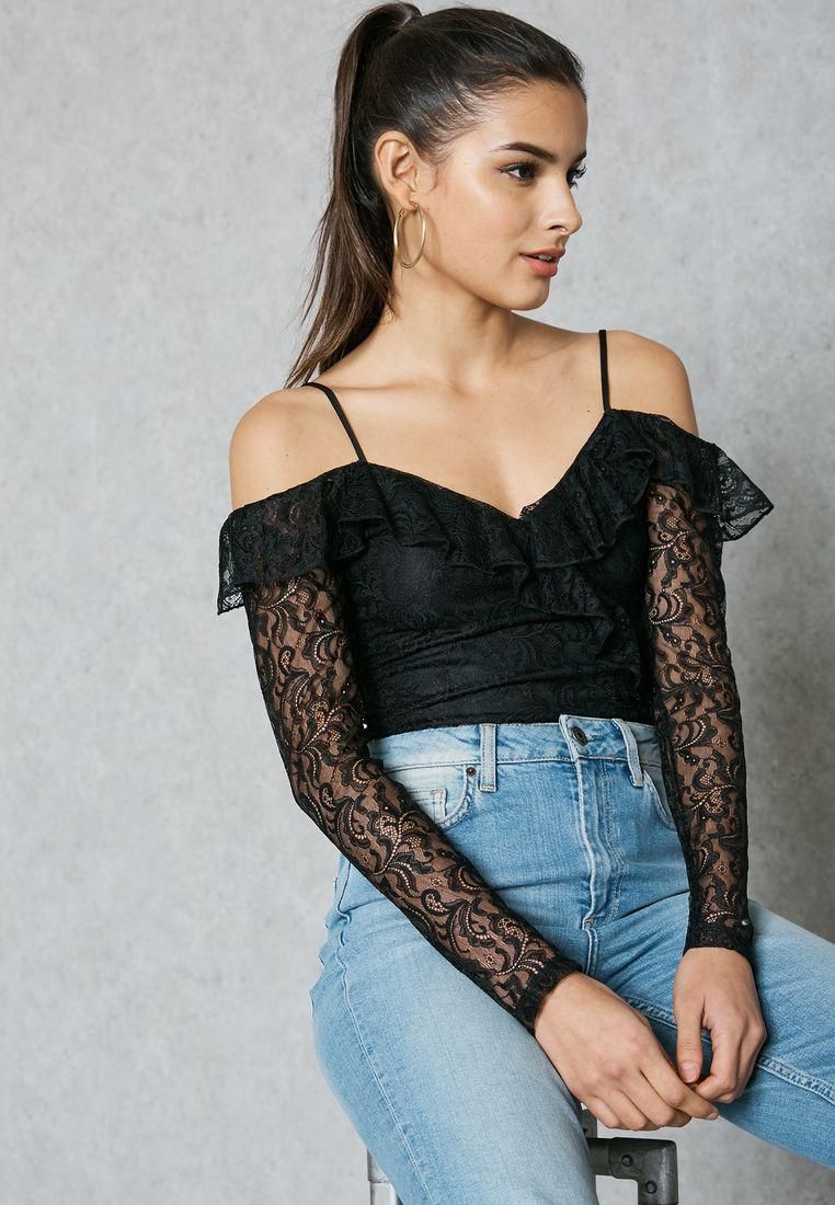 Lace Ruffled Cold Shoulder Body