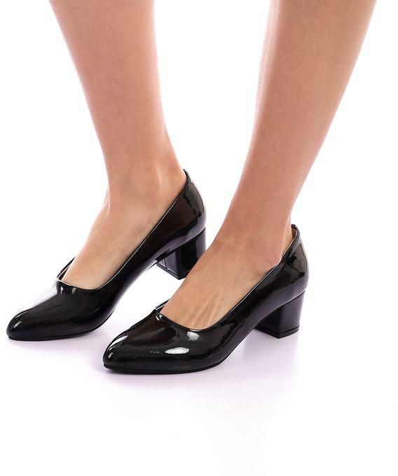 Snatch Simple Round Toe Shiny Leather Mid-Heels - Black