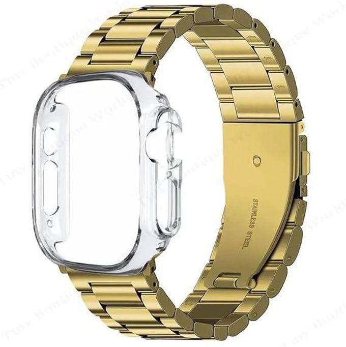 Compatible with iWatch Band 49mm with PC Case Cover, Stainless Steel Link Bracelet for iWatch Ultra/Ultra2 Series 8/9 (Gold)
